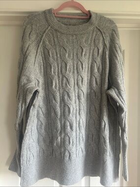 aerie Light Gray Cable-Knit Crewneck Sweater